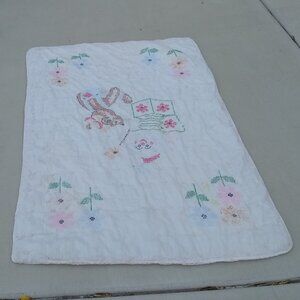 Embroidered Quilted Hand Made Baby Blanket Jack In the Box Flowers Great Shape !